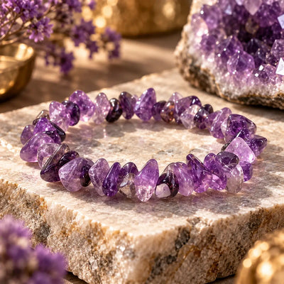 Bracelet en améthyste posé en cercle sur une pierre claire, détail des perles violettes polies
