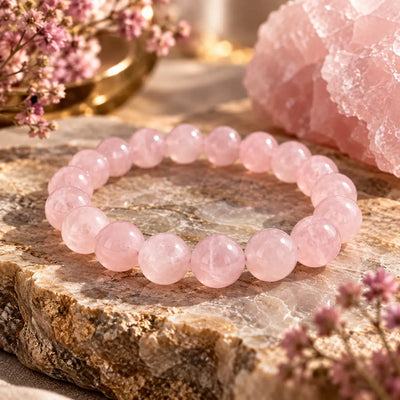 Bracelet en quartz rose à perles rondes de 8 mm, aux nuances rose pâle, posé sur un socle en pierre.