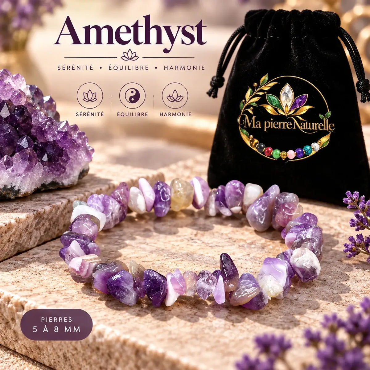 Bracelet en améthyste violet et lavande présenté devant une pochette noire