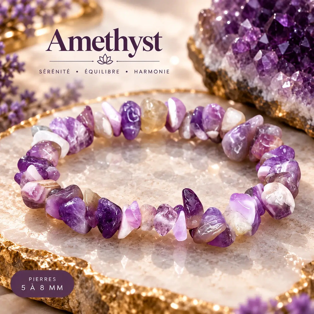 Bracelet en améthyste posé en cercle sur une pierre claire, perles chips violettes et lavande