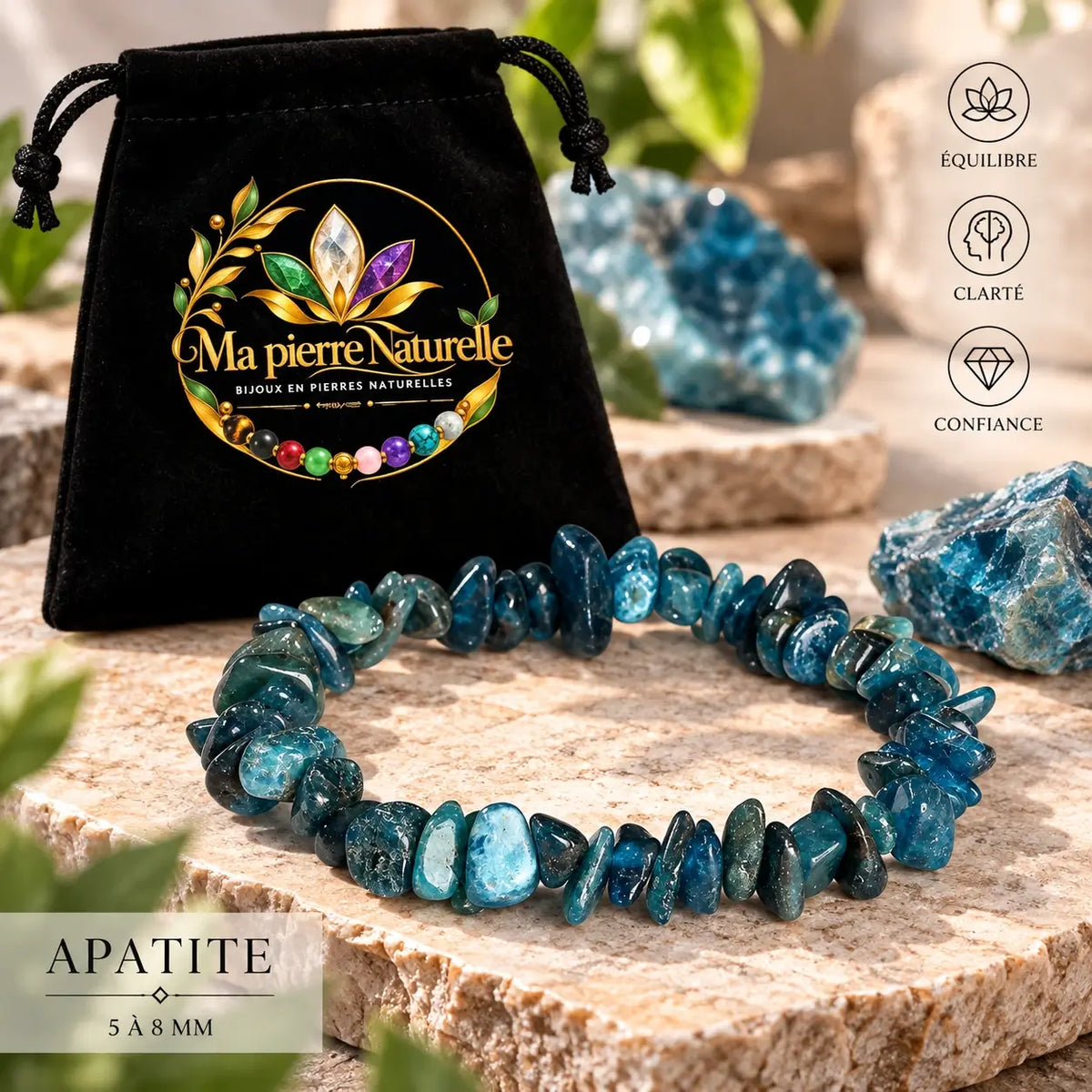 Bracelet en apatite aux perles chips bleu profond présenté devant une pochette noire
