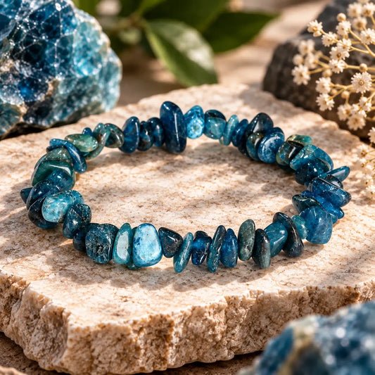 Bracelet en apatite posé en cercle sur une pierre claire, détail des perles chips bleues