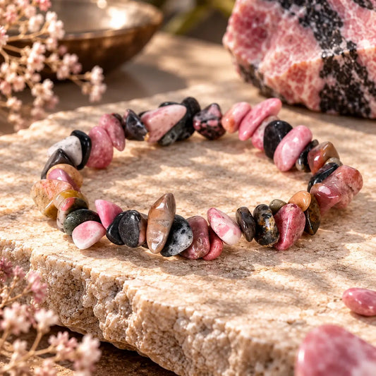Bracelet aux perles chips roses, noires et brunes posé en cercle sur une pierre claire