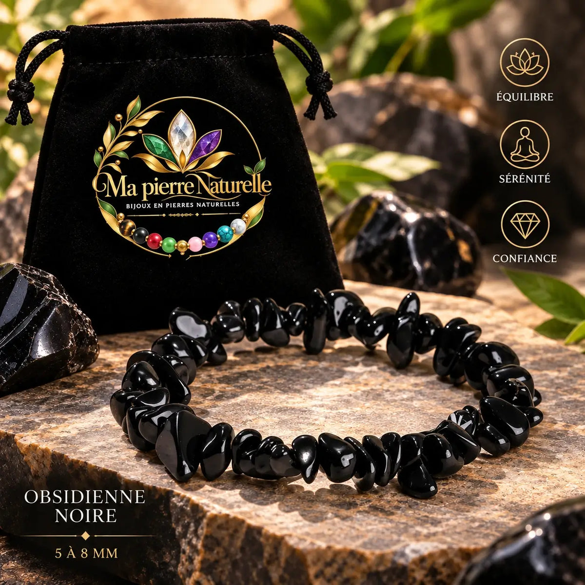 Bracelet en obsidienne noire aux perles brillantes présenté devant une pochette noire