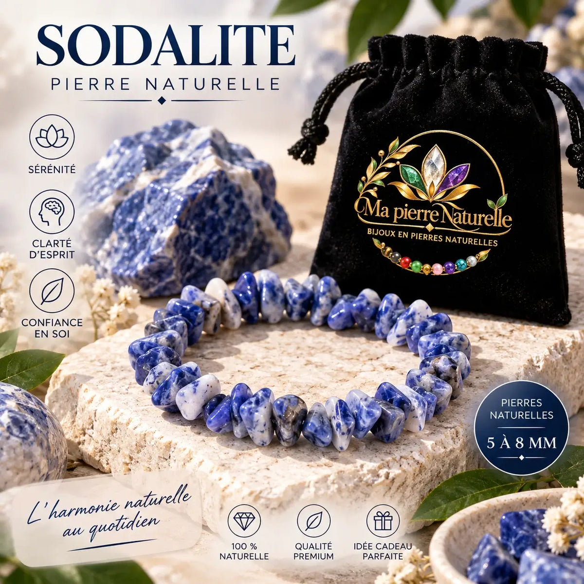 Bracelet en sodalite aux perles chips bleues et blanches présenté devant une pochette noire