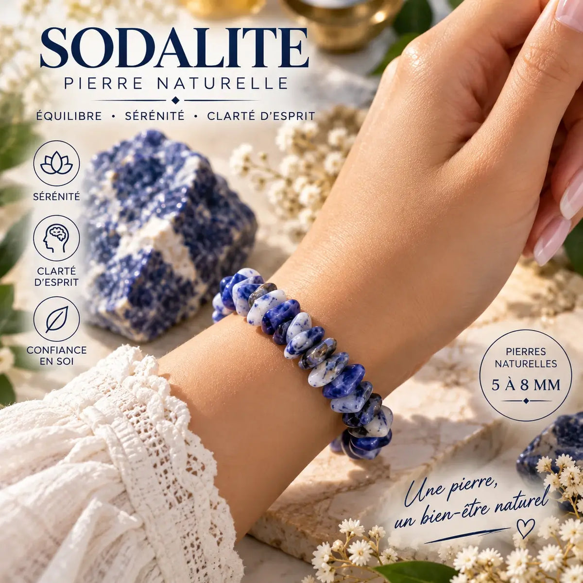 Bracelet en sodalite bleu et blanc porté au poignet avec une manche en dentelle claire