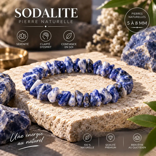 Bracelet en sodalite posé en cercle sur une pierre claire, détail des perles chips bleues et blanches