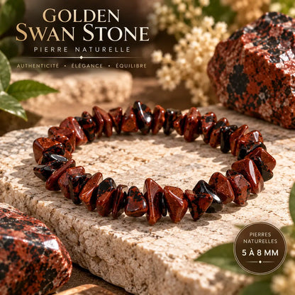Bracelet aux perles chips rouges et noires posé en cercle sur une pierre claire