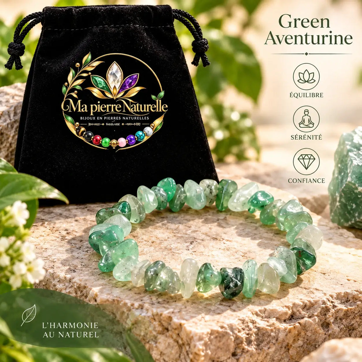 Bracelet en aventurine verte aux perles chips présenté devant une pochette noire
