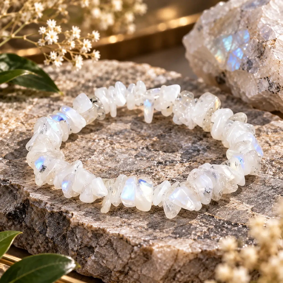 Bracelet aux perles chips blanches et translucides posé en cercle, avec des reflets bleutés visibles