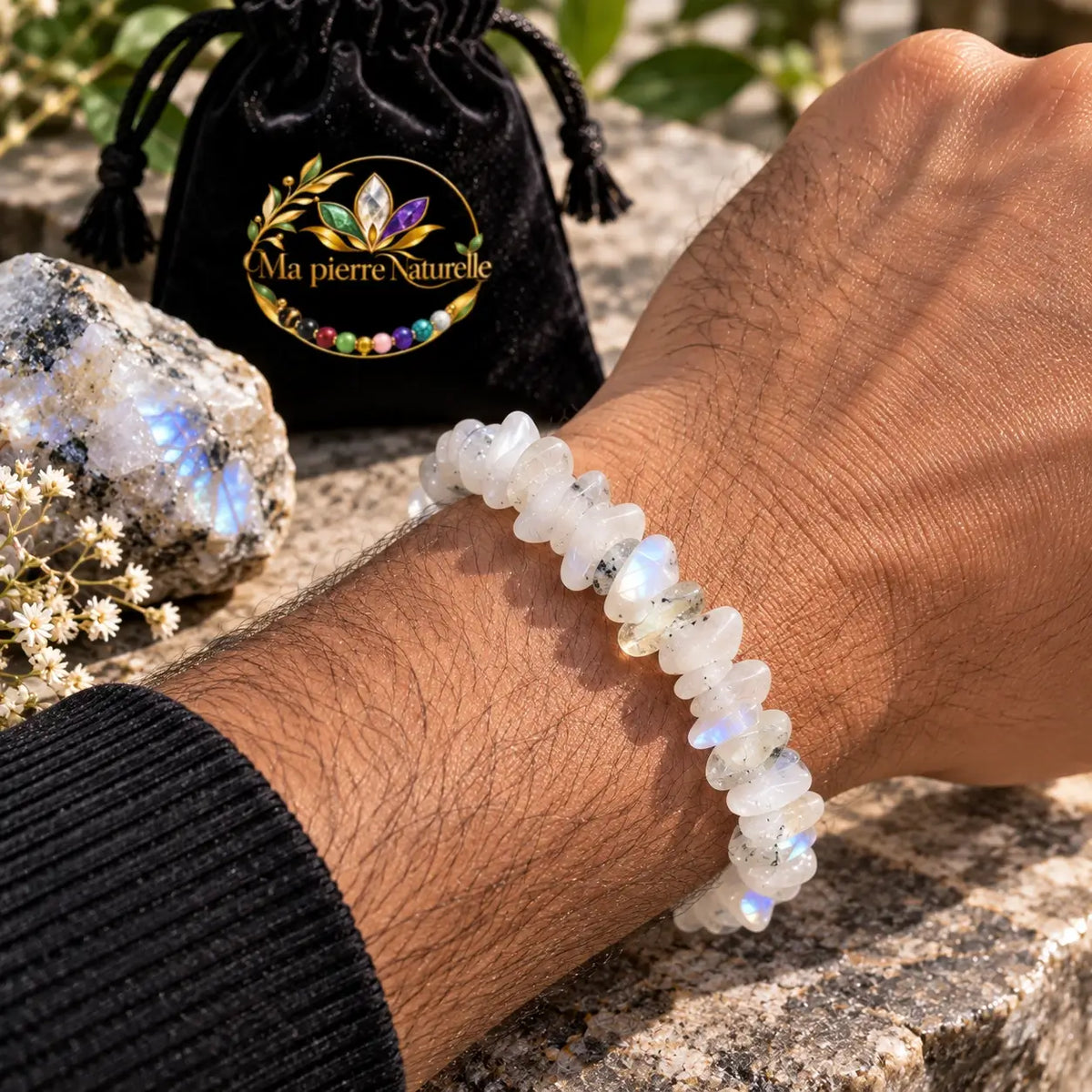 Bracelet aux perles chips blanches à reflets bleus porté au poignet avec une manche noire