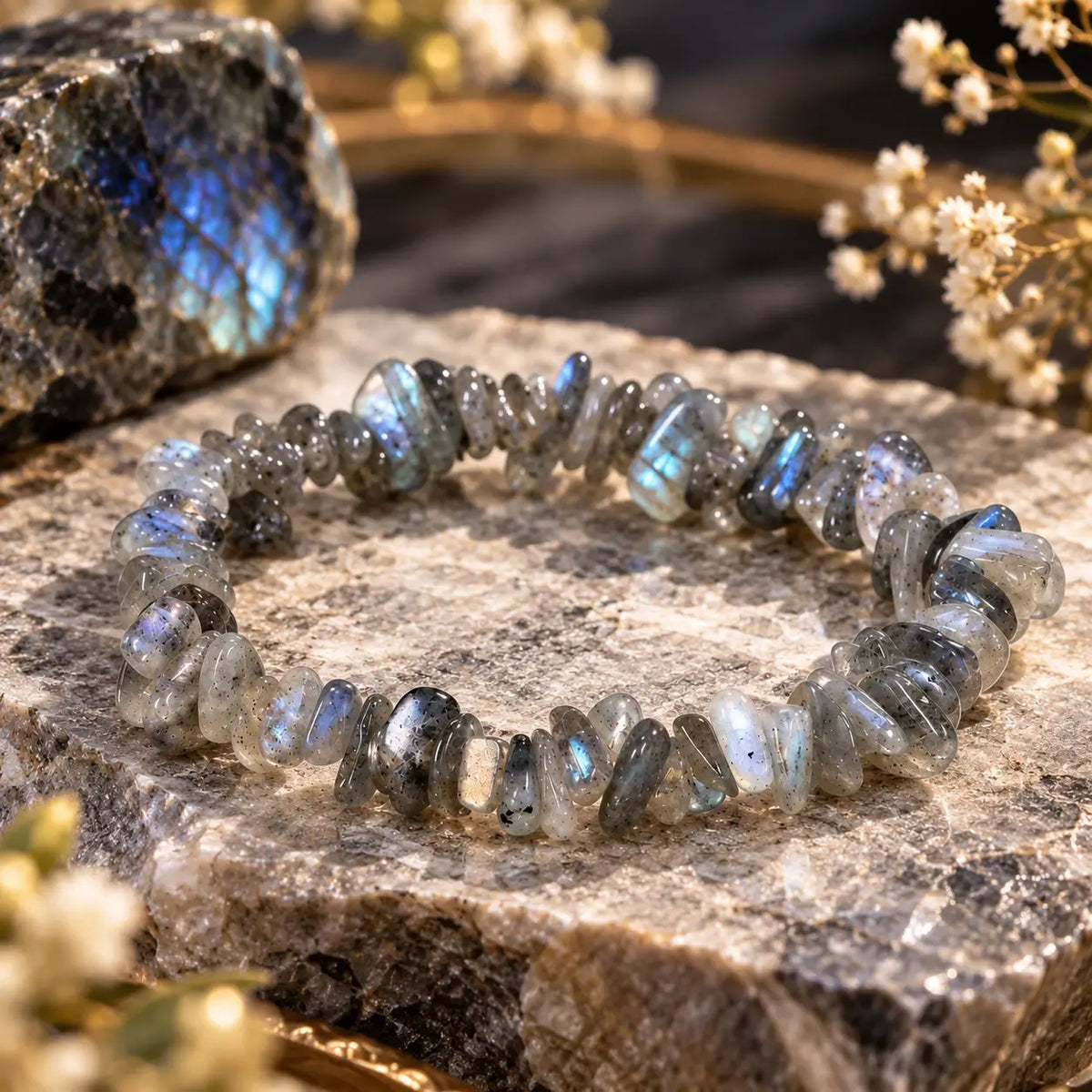 Bracelet en labradorite grise posé en cercle sur une pierre, détail des perles chips et de leurs reflets bleutés