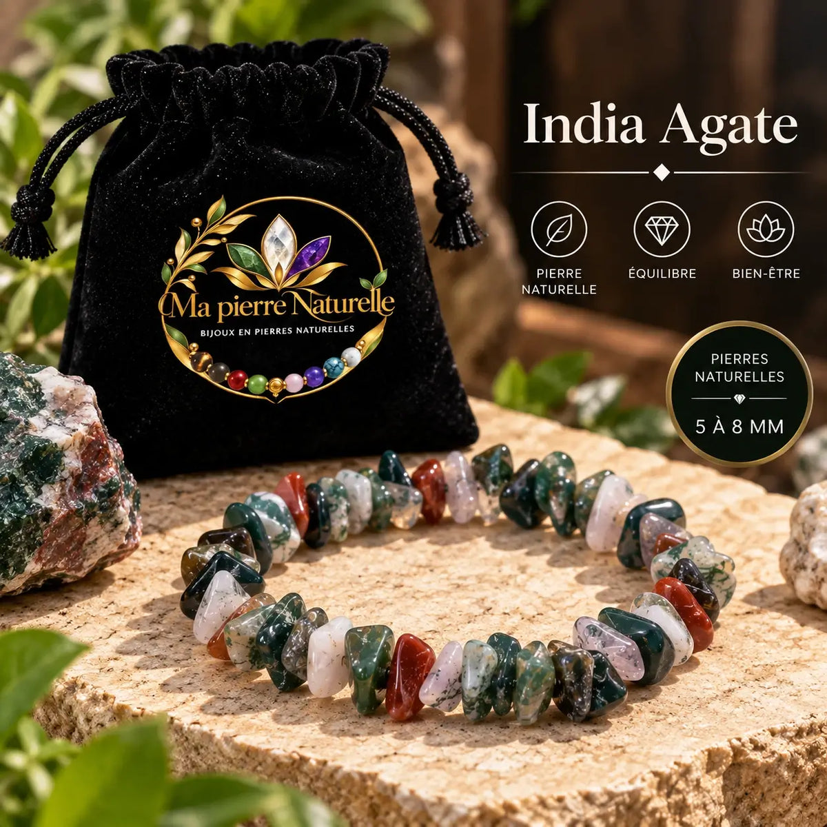 Bracelet India Agate multicolore présenté devant une pochette noire Ma Pierre Naturelle