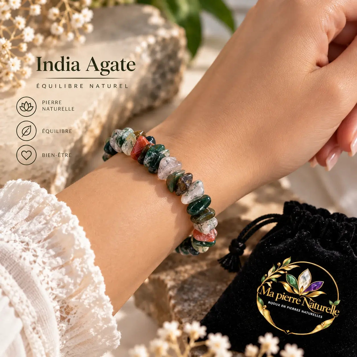 Bracelet India Agate en éclats porté au poignet avec une manche claire