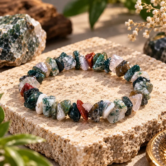 Bracelet agate India Agate multicolore en éclats, posé sur un support minéral clair