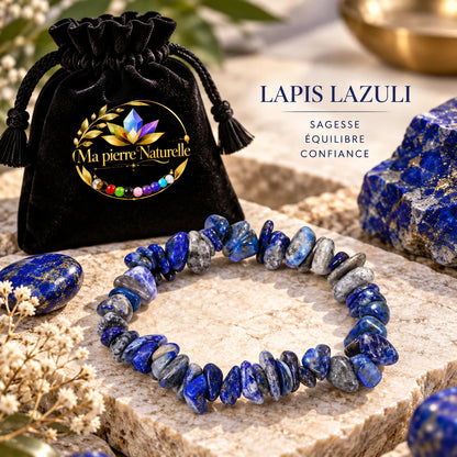 Bracelet lapis-lazuli bleu présenté avec une pochette noire Ma Pierre Naturelle