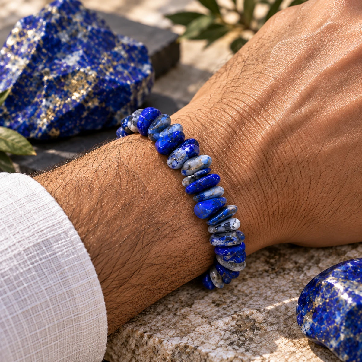 Bracelet lapis-lazuli en éclats porté au poignet avec une manche de chemise blanche