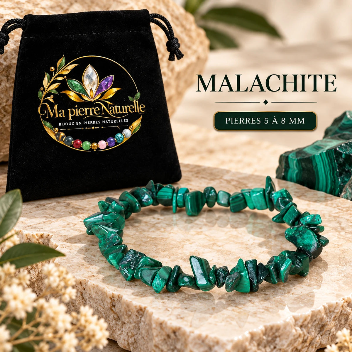 Bracelet malachite verte présenté avec une pochette noire Ma Pierre Naturelle