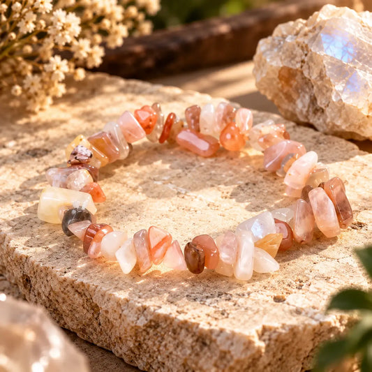 Bracelet pierre de lune en éclats blancs et rosés posé sur une pierre beige