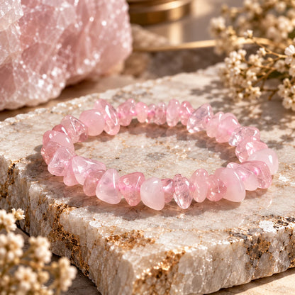 Bracelet Cristal rose en éclats translucides posé sur un support minéral clair