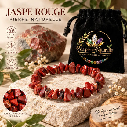 Bracelet jaspe rouge présenté devant une pochette noire Ma Pierre Naturelle