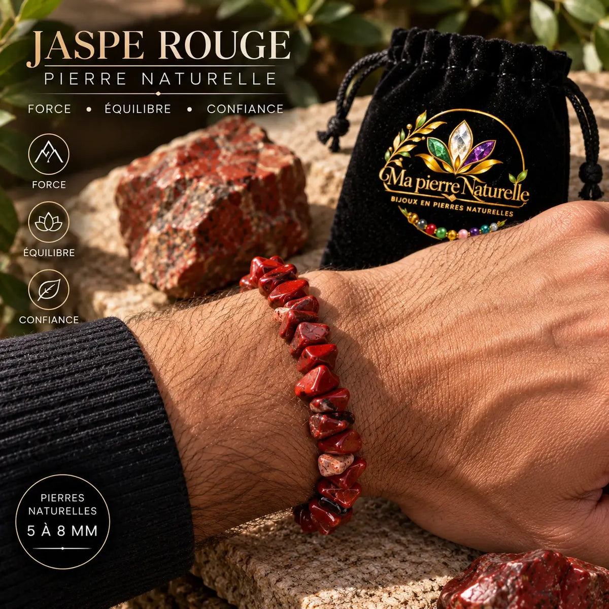 Bracelet jaspe rouge porté au poignet avec une manche noire