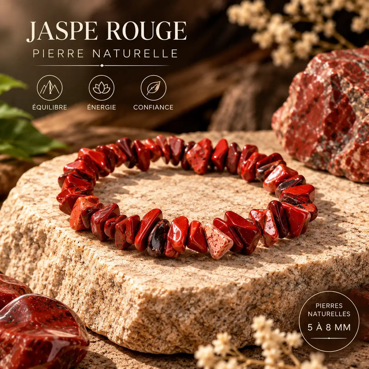 Bracelet jaspe rouge en éclats polis présenté sur un support minéral beige