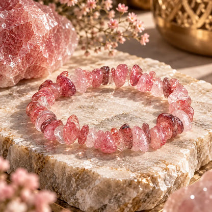 Bracelet Strawberry Crystal rose en éclats polis avec inclusions rougeâtres, posé sur une pierre claire