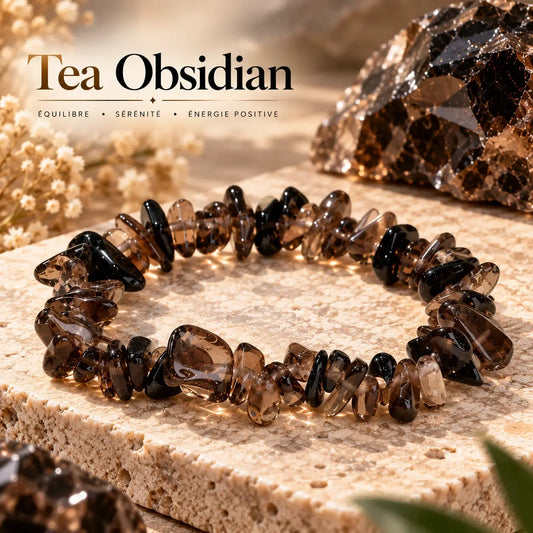 Bracelet Tea Obsidian en éclats brun fumé et noirs, présenté sur une pierre claire