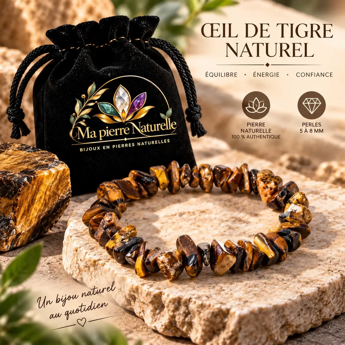 Bracelet œil de tigre présenté avec une pochette noire Ma Pierre Naturelle