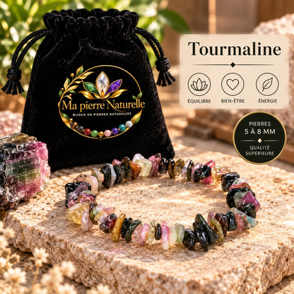 Bracelet tourmaline multicolore présenté avec une pochette noire Ma Pierre Naturelle