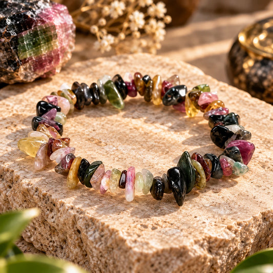 Bracelet tourmaline multicolore en éclats polis, posé sur un support minéral beige