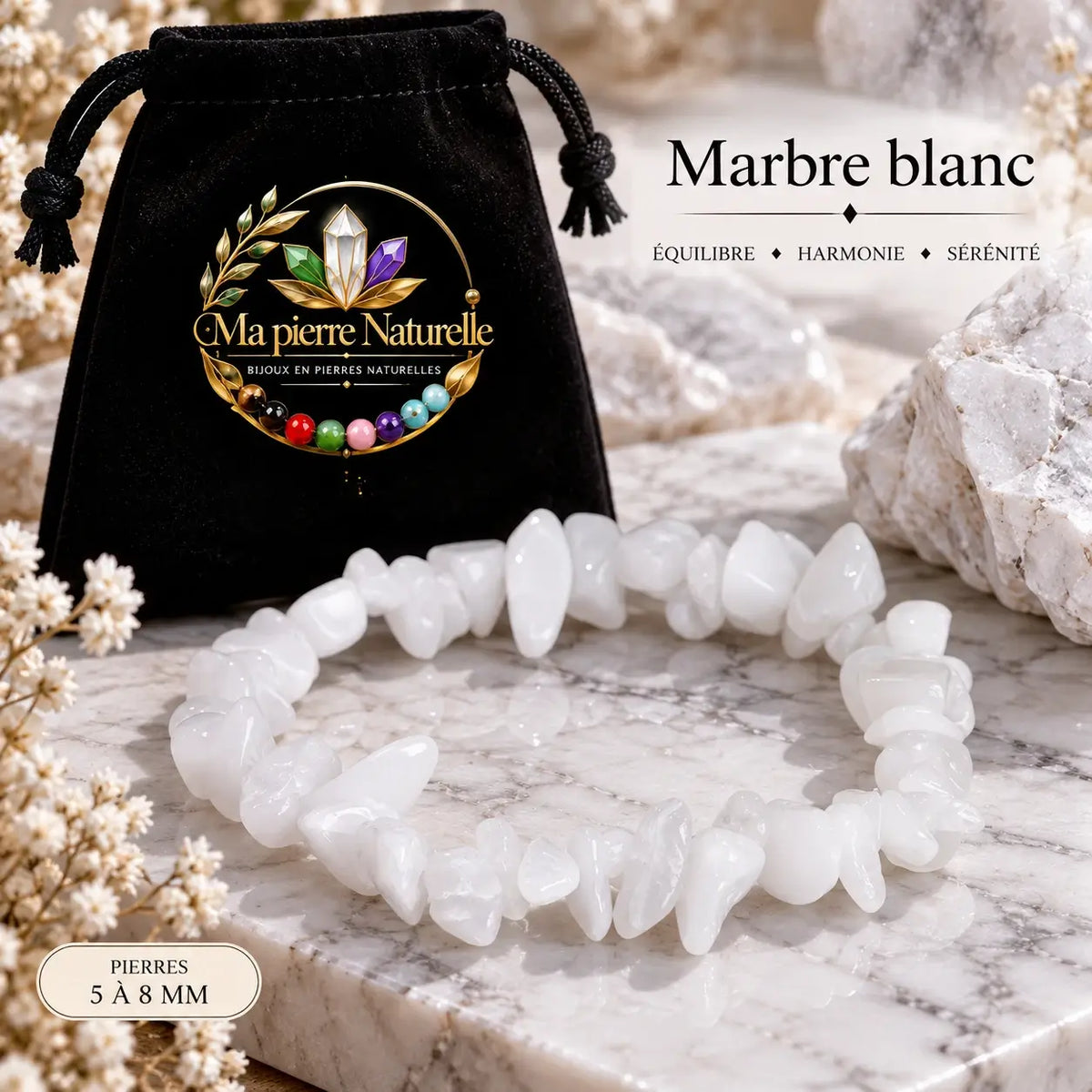 Bracelet marbre blanc présenté devant une pochette noire Ma Pierre Naturelle
