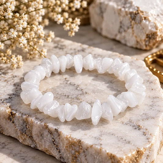 Bracelet marbre blanc en éclats polis posé sur un support minéral clair