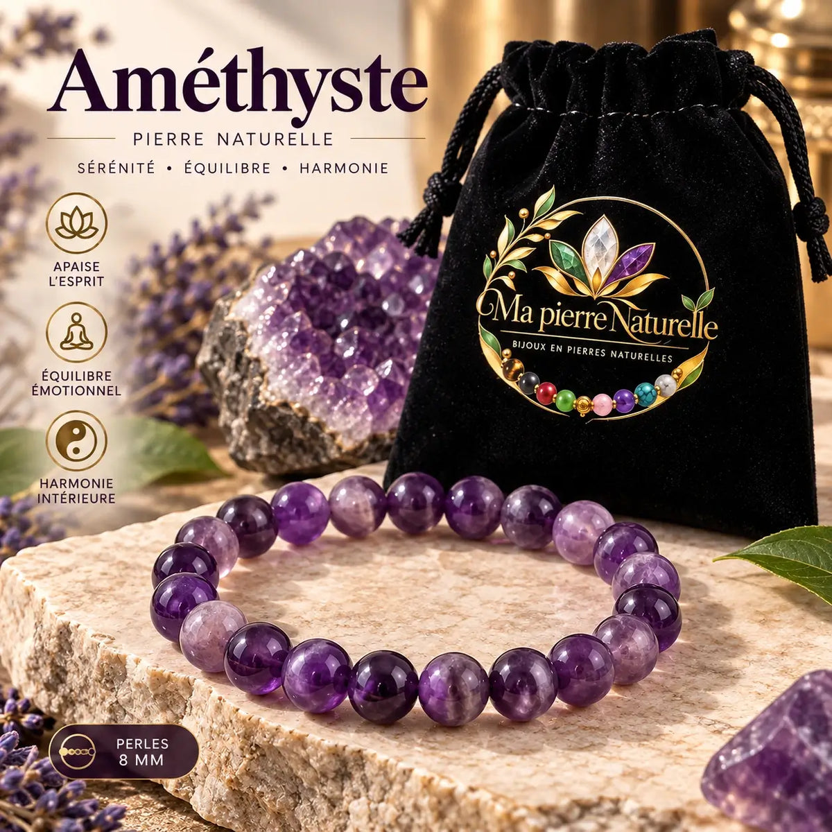 Bracelet en améthyste violette de 8 mm présenté avec sa pochette noire Ma Pierre Naturelle.