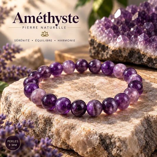 Bracelet en améthyste violette à perles rondes de 8 mm, posé sur un socle en pierre.