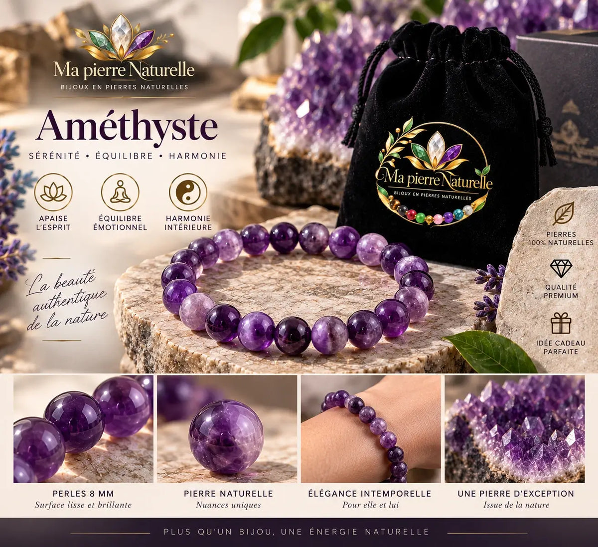 Présentation du bracelet en améthyste de 8 mm avec pochette noire, vue des perles et vue portée.