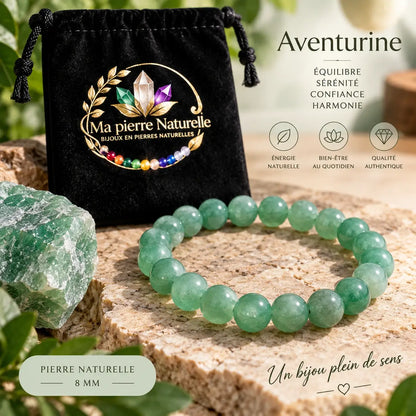 Bracelet en aventurine verte de 8 mm présenté avec sa pochette noire Ma Pierre Naturelle.