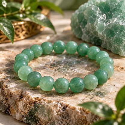 Bracelet en aventurine verte à perles rondes de 8 mm sur un socle en pierre.