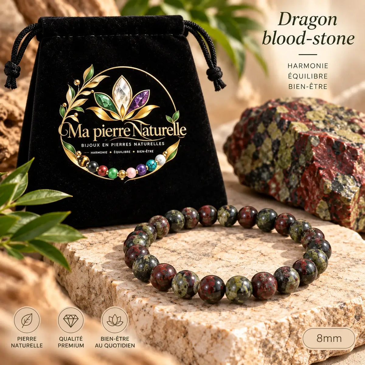 Bracelet Dragon Blood Stone de 8 mm présenté avec sa pochette noire Ma Pierre Naturelle.