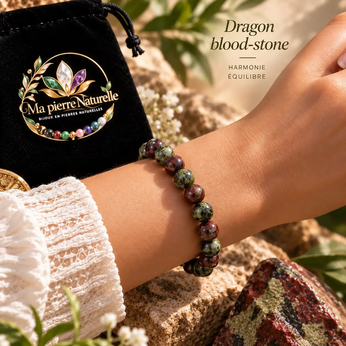 Bracelet Dragon Blood Stone à perles de 8 mm porté au poignet avec une manche claire.