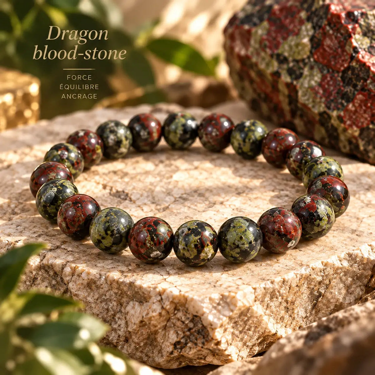 Bracelet Dragon Blood Stone à perles rondes de 8 mm, aux motifs rouges, verts et noirs.