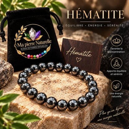 Bracelet en hématite de 8 mm présenté avec sa pochette noire Ma Pierre Naturelle.