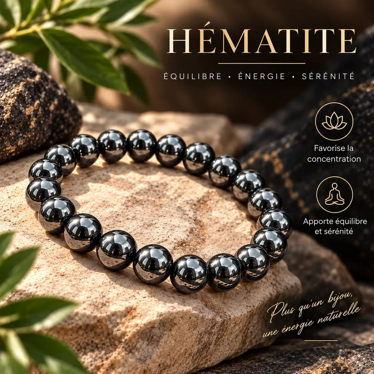 Bracelet en hématite à perles rondes de 8 mm, au fini gris anthracite métallique.