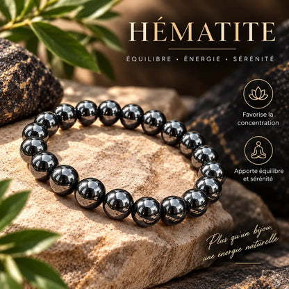 Bracelet en hématite à perles rondes de 8 mm, au fini gris anthracite métallique.