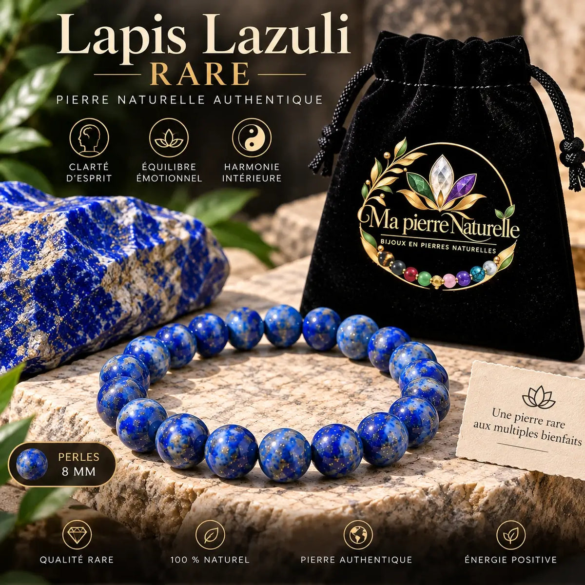 Bracelet en lapis-lazuli de 8 mm, modèle 2, présenté avec sa pochette noire Ma Pierre Naturelle.
