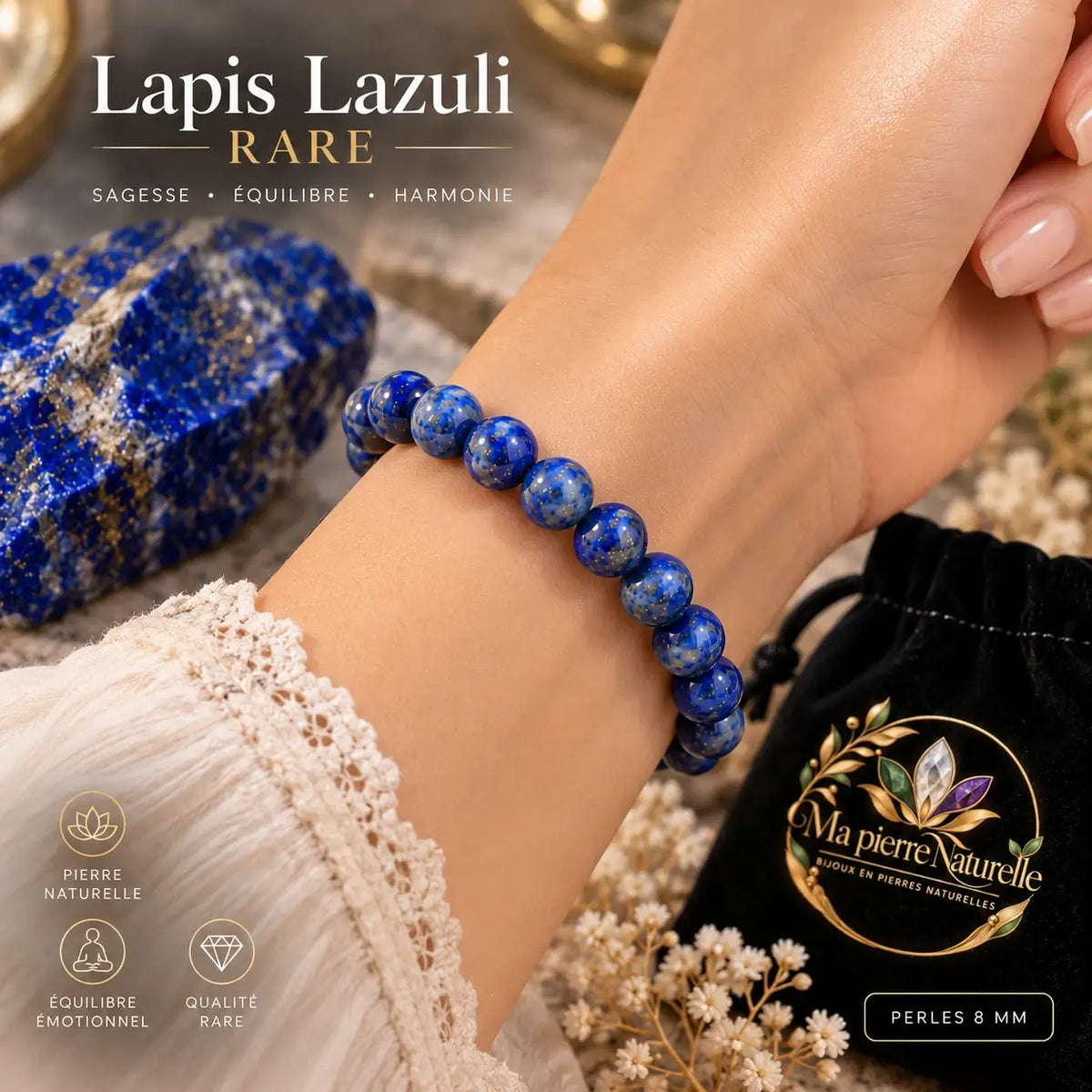 Bracelet en lapis-lazuli bleu de 8 mm, modèle 2, porté au poignet avec une manche claire.