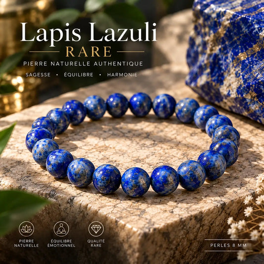 Bracelet en lapis-lazuli bleu profond à perles rondes de 8 mm, posé sur un socle en pierre.