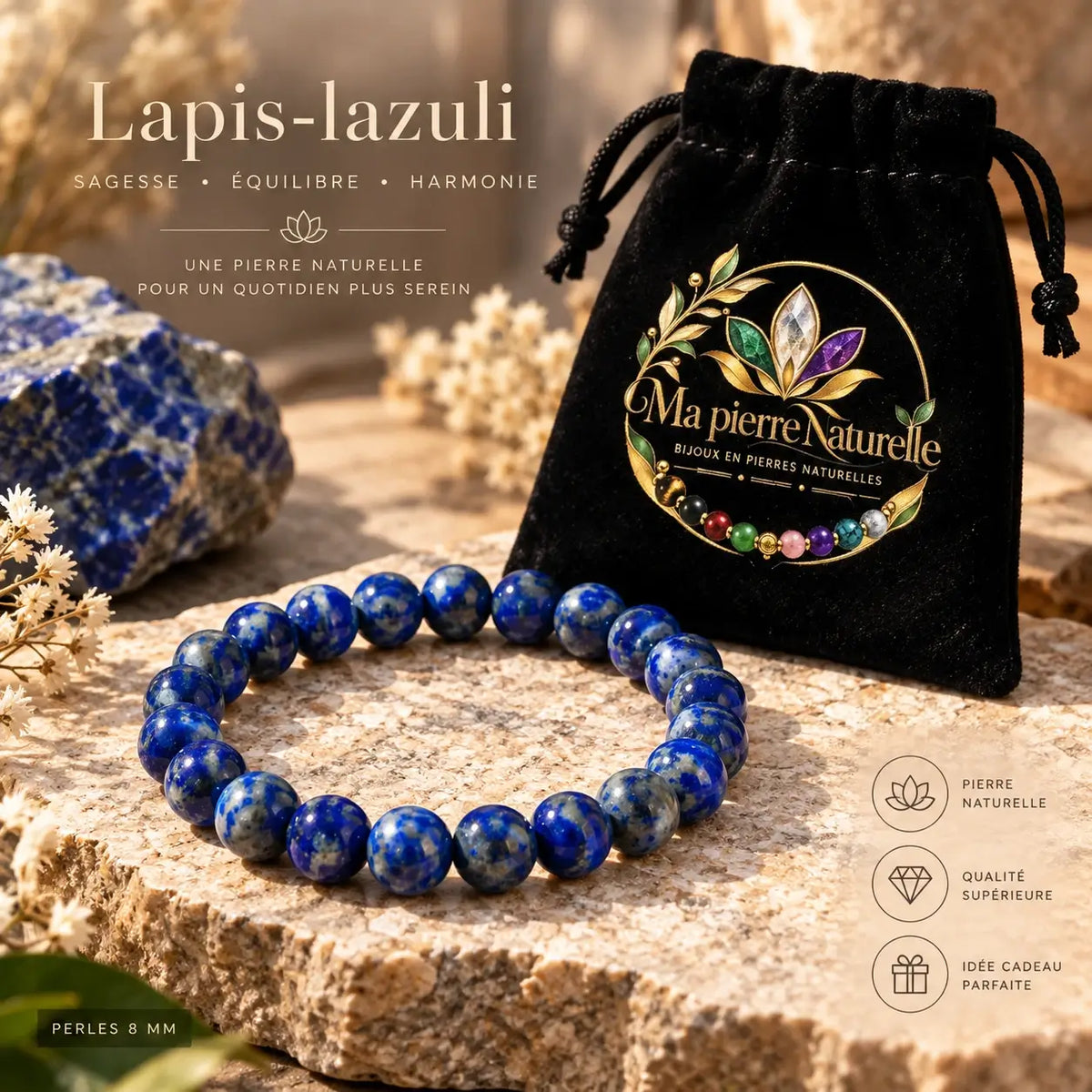 Bracelet en lapis-lazuli de 8 mm présenté avec sa pochette noire Ma Pierre Naturelle.