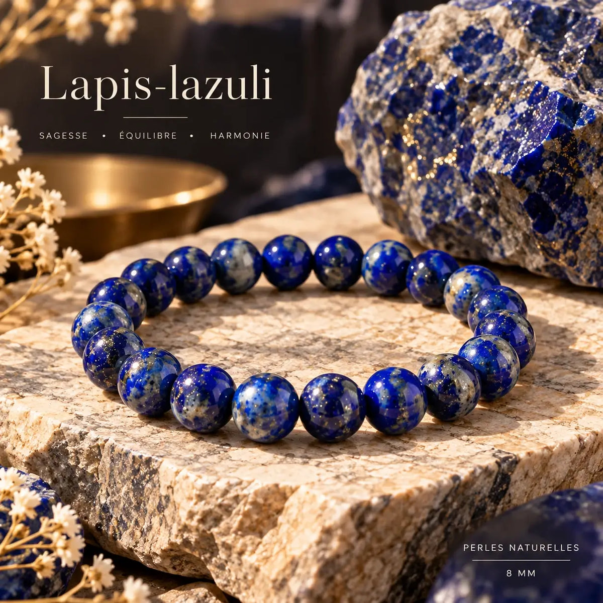 Bracelet en lapis-lazuli à perles rondes bleues de 8 mm et aux motifs minéraux variables.